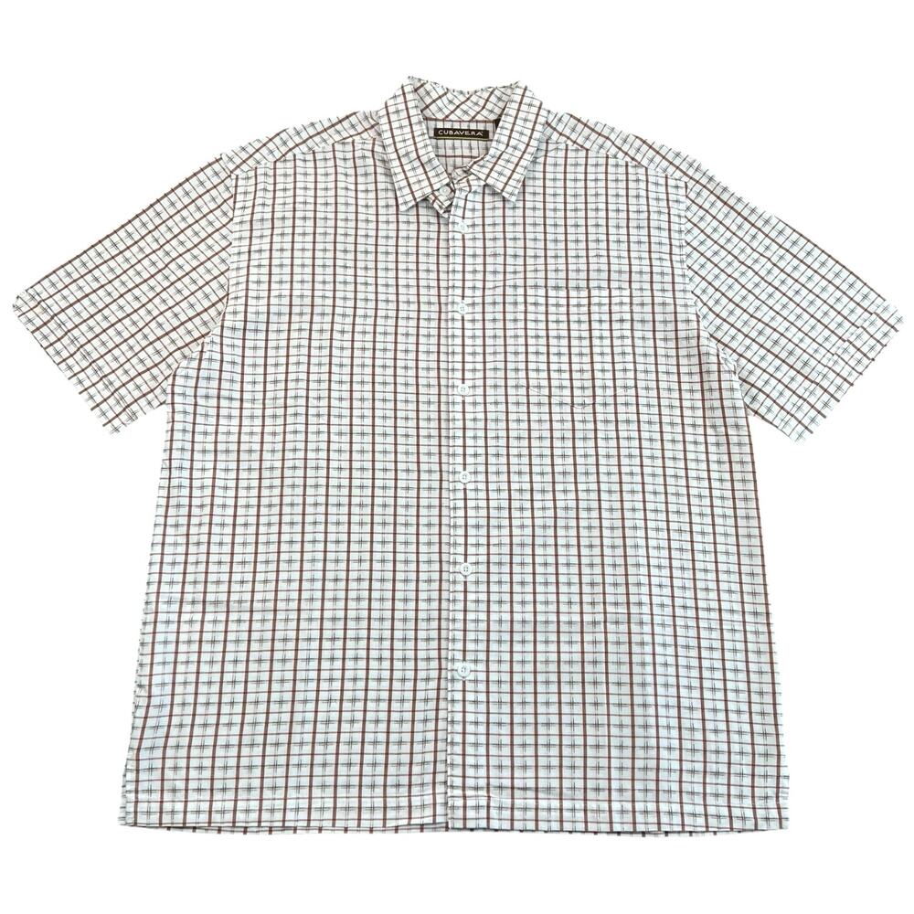 Cubavera Plaid Rayon Blend Short Sleeve Button Up Shirt Brown White Men’s XL